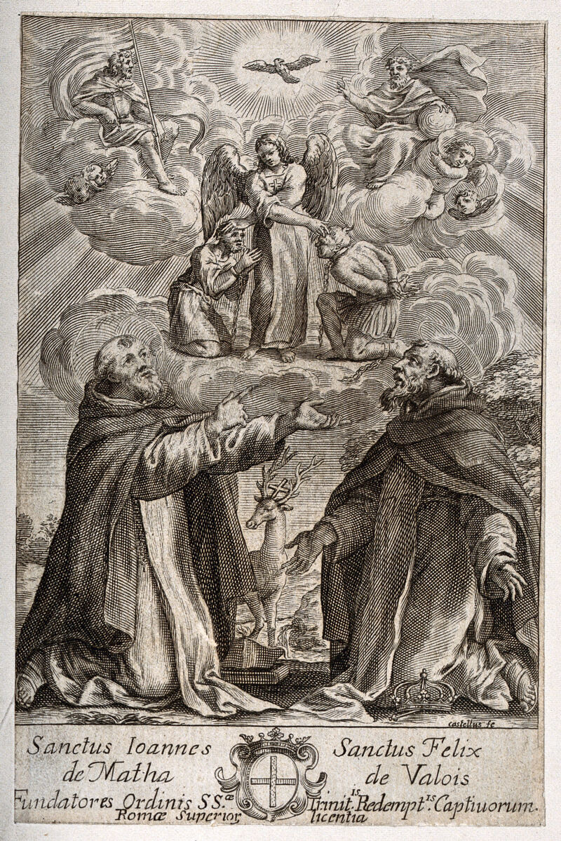 Historical engraving of the Holy Trinity with captives and the Trinitarian founders