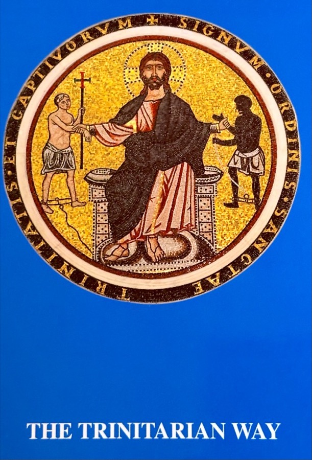 Cover of The Trinitarian Way handbook — blue cover with the Order seal mosaic of Christ redeeming two captives